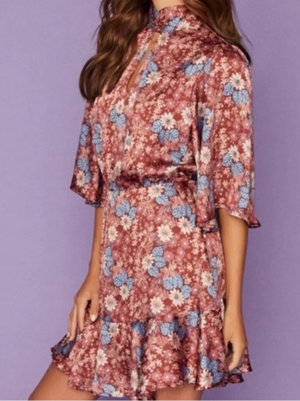 NWT- Vici Satin Foster Keyhole with light blue, navy, cream, rust florals. - Picture 7 of 7
